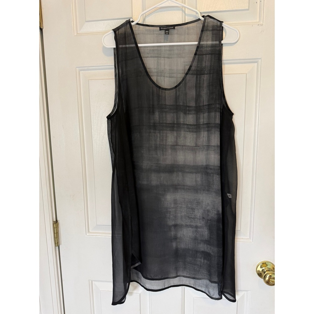 Eileen Fisher Silk Tunic M Sheer Layered Sleeveless Abstract Stripe Black Grey